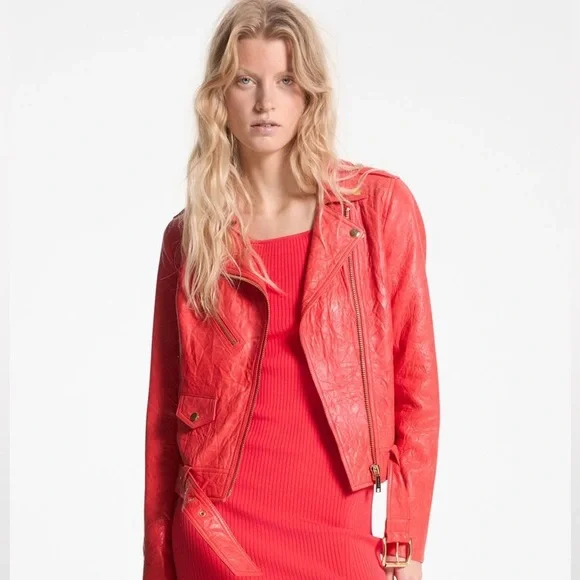 Michael Kors Crinkled Moto Leather Jacket-Coral w/Gold Hardware-Size M NWOT🌺 - Picture 1 of 4